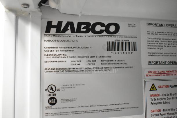 Habco SE12HC commercial cooler label detailing model, voltage (115V), single phase, 375/175 PSIG, refrigerant R290, UL and NSF listed.