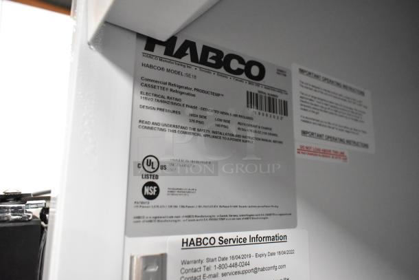 Label inside Habco SE18 metal commercial single-door cooler, showing model details, UL/NSF certifications, and service info.