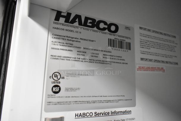 2019 Habco SE18 Commercial Cooler label. Features: 115V, single-phase, poly-coated rack, UL and NSF listed.