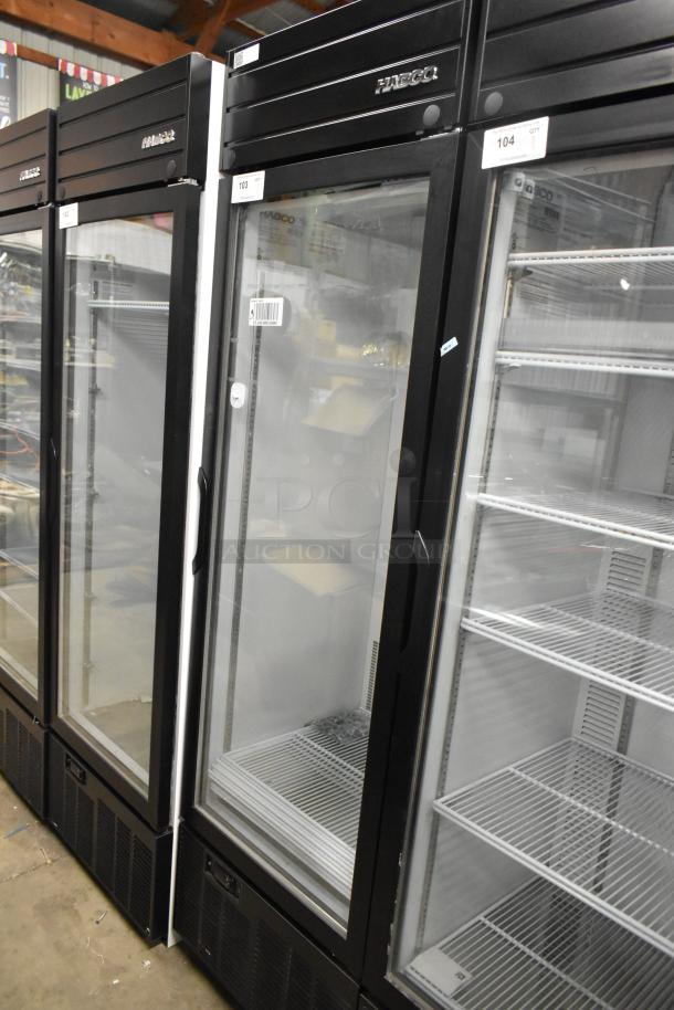 2019 Habco SE18 single door cooler merchandiser with poly-coated racks, tags visible, 115V, 1 phase.