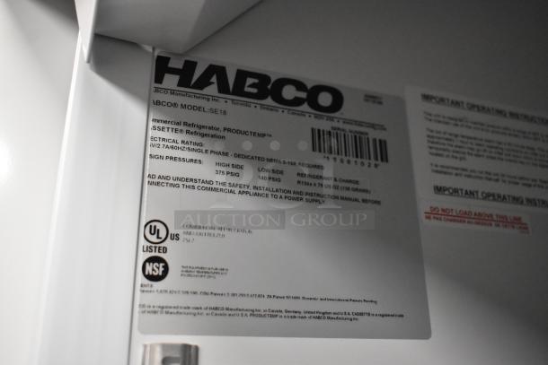 2019 Habco SE18 Commercial Cooler label, showing model info, UL and NSF certifications, and electrical specifications.