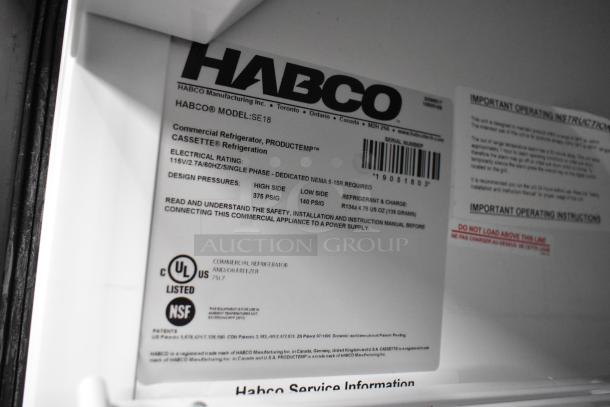 Label on a 2019 Habco SE18 cooler. Includes electrical specs: 115V, 1 Phase, and certifications UL, NSF listed.