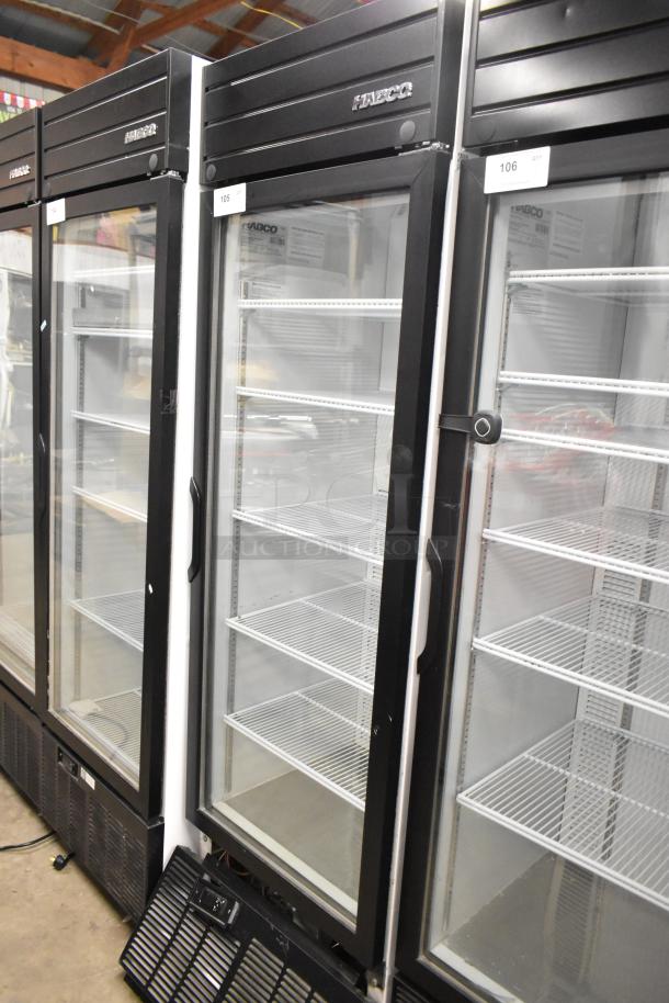 2019 Habco SE18 commercial single door cooler with glass front, metal exterior, and poly-coated racks. Model SE18, 115V, 1 phase.