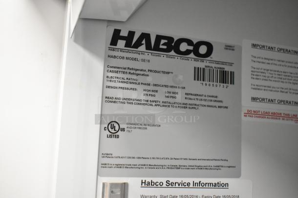 2019 Habco SE18 commercial metal cooler label, features 115 volts, 1 phase, UL listed, includes service information.