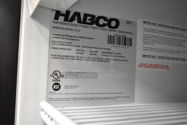 2019 Habco SE18 commercial cooler with poly coated racks. Includes model label detailing specs: 115V, 1 phase.