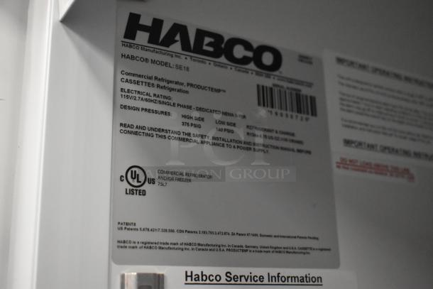 2019 Habco SE18 commercial cooler label, showing UL listing and specifications including 115V/1 phase power.