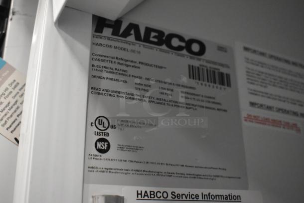 2019 Habco SE18 Cooler label shows model, voltage specs, UL and NSF certifications. 115V, 1 phase commercial cooler.