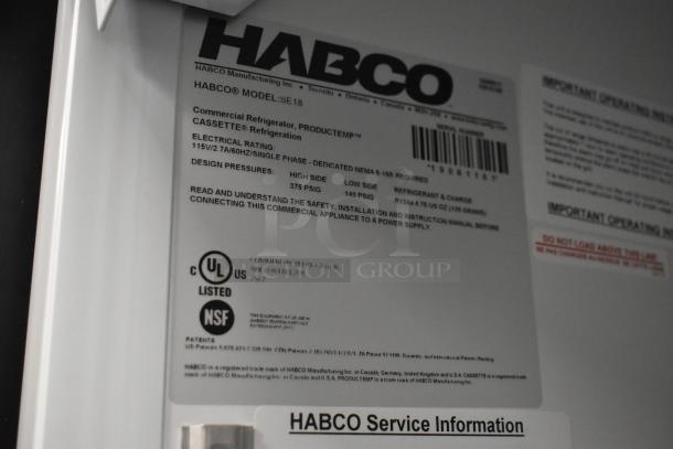 2019 Habco SE18 Commercial Cooler with single door and poly coated racks. Features UL and NSF certification labels.
