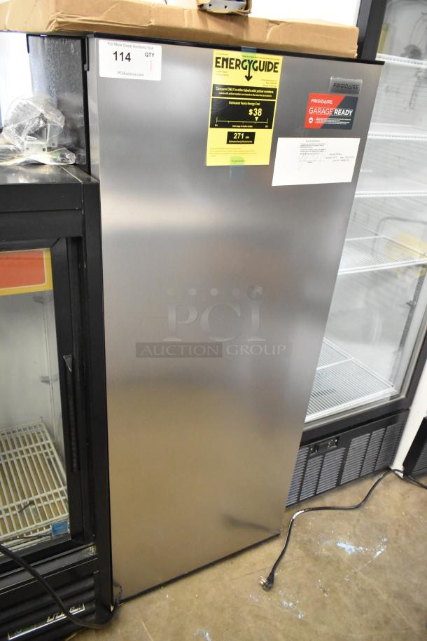 Frigidaire FGFRF1008 single door metal freezer, 115V, energy guide label, garage ready badge, new condition.
