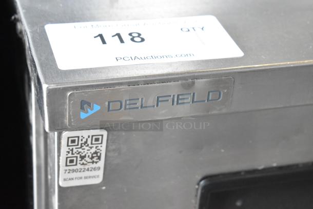 2020 Delfield 406P-STAR2 stainless steel undercounter cooler, single door, on casters, shown with Delfield logo and QR code.