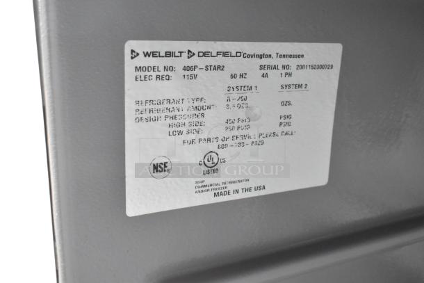 2020 Delfield 406P-STAR2 stainless steel undercounter cooler label, 115V, 1 phase, commercial use, made in USA.