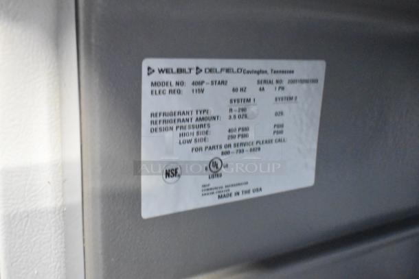2020 Delfield 406P-STAR2 stainless steel undercounter cooler label, 115V, 1 phase, commercial casters, NSF certified.