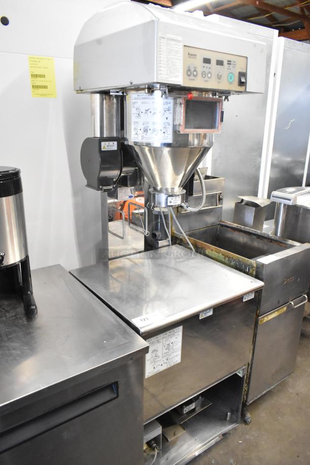 Ricemini RM-401A floor style rice washing machine in metal finish, 100V, 1 phase. Features control panel and instructional diagrams.