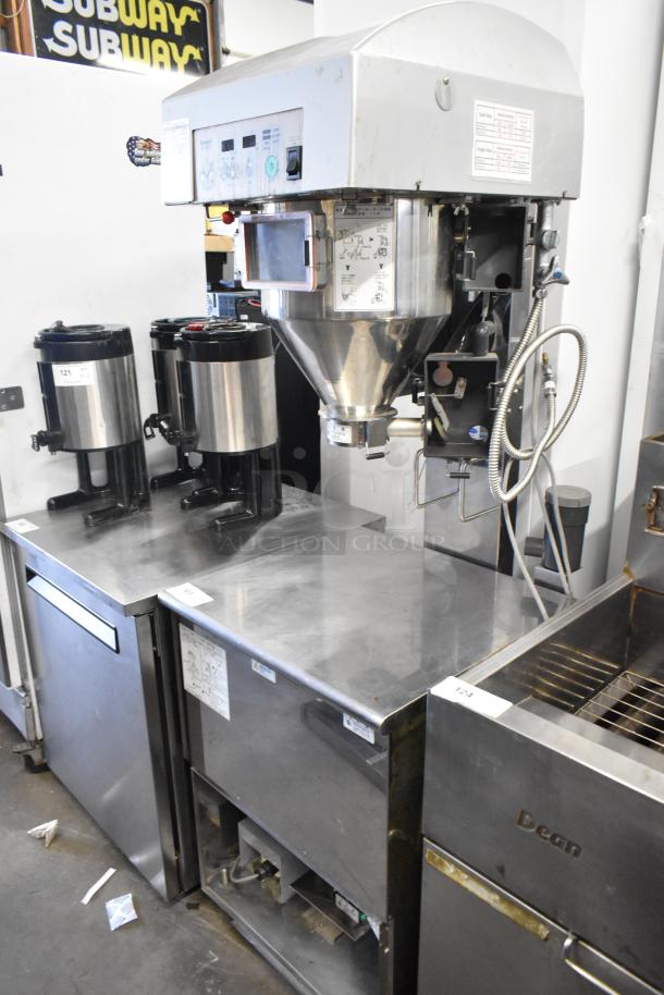 Ricemini RM-401A metal commercial rice washing machine, 100V, 1 phase, floor style, with visible control panel and hoses.