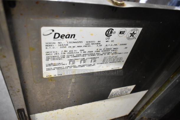 Dean SR42GN stainless steel deep fat fryer, natural gas, 105,000 BTU, commercial use. Label shows model and specifications.