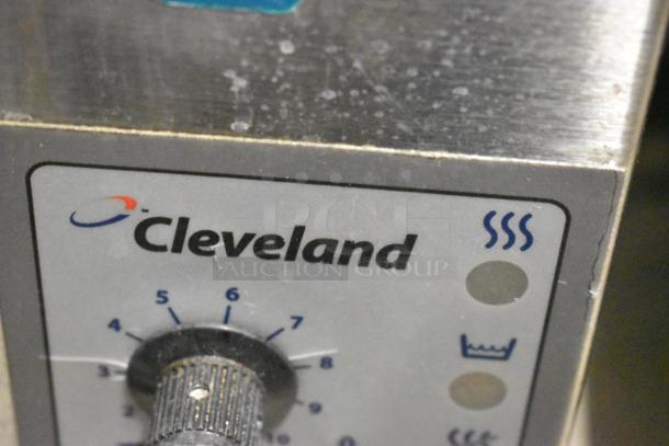 Cleveland KGL-40-T steam kettle control panel, showing brand logo and temperature dial in stainless steel finish.