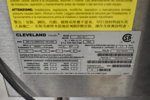 Cleveland KGL-40-T stainless steel 40-gallon steam kettle, 140,000 BTU, natural gas, commercial use, model and CSA labels shown.