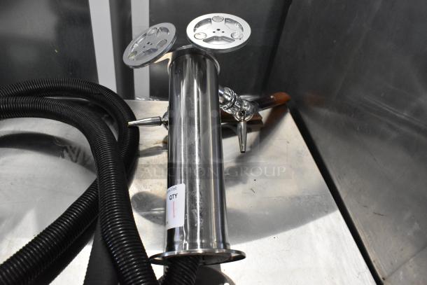 Stainless Steel 2 Tap Beer Tower, polished finish, includes hoses, in good condition, with quantity label visible.