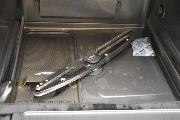 2019 Hobart LXER undercounter dishwasher interior, stainless steel, showing spray arm and drainage. 120/208-240V, 1 Phase.