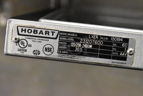 2019 Hobart LXER commercial dishwasher label showing model, serial number, voltage, and certifications.