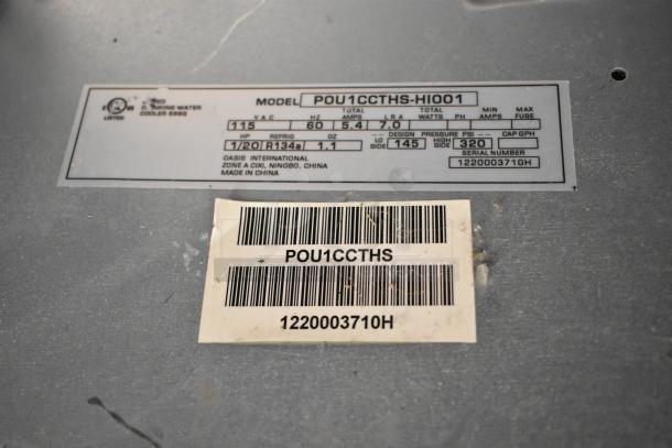 Oasis POU1CCTHS-HI001 metal countertop water dispenser label, 115 volts, serial 1220003710H, made in China.