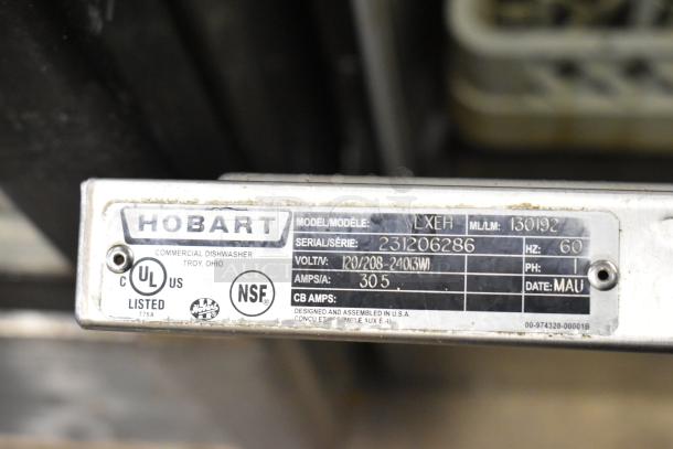 2018 Hobart LXER stainless steel commercial undercounter dishwasher label, showing model LXEH, voltage 120/208-240V, 1 phase.