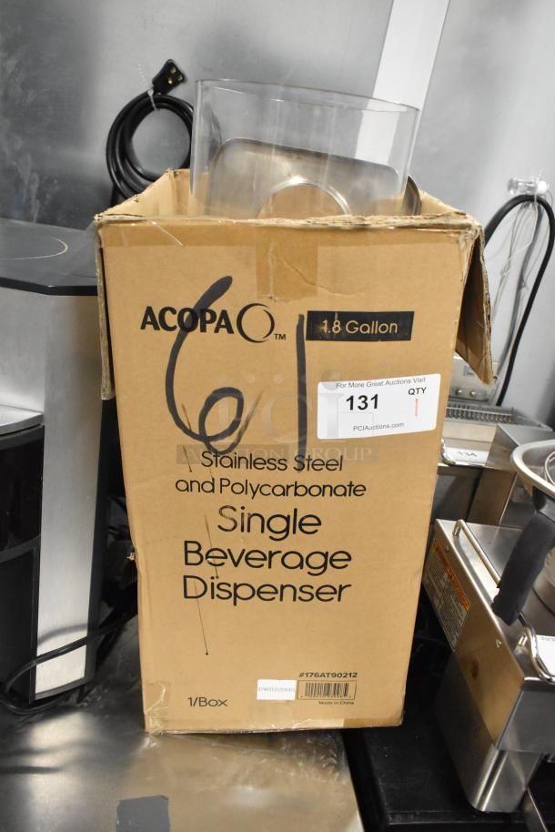 Acopa 1.8-gallon stainless steel and polycarbonate beverage dispenser in box; model 176AT90212, new condition.