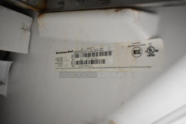 KitchenAid KUIC15PRTS0 stainless steel commercial ice machine label, showing model, serial number, and voltage details.