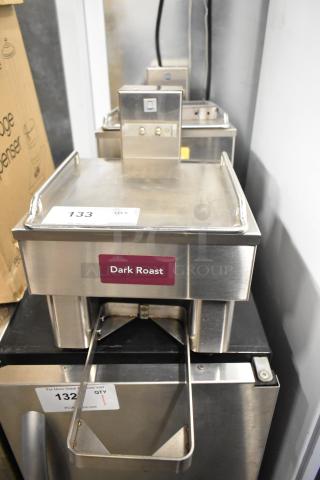 Bunn 1SH STAND stainless steel commercial server stand, 120 Volts, 1 Phase, labeled "Dark Roast," auction tag visible.