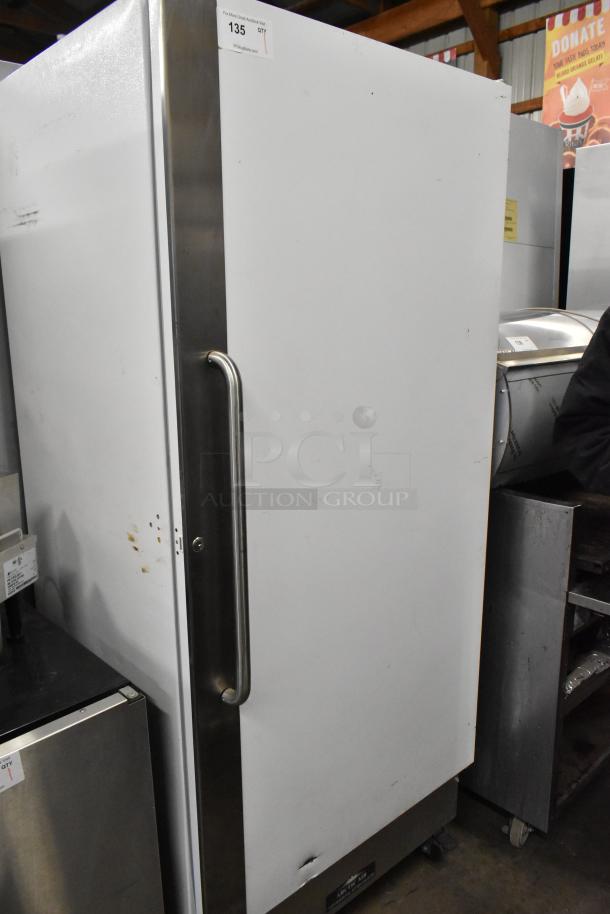 Arctic Air R22CWF6 single door reach-in cooler, metal, commercial casters, 115 volts, used condition, visible wear.