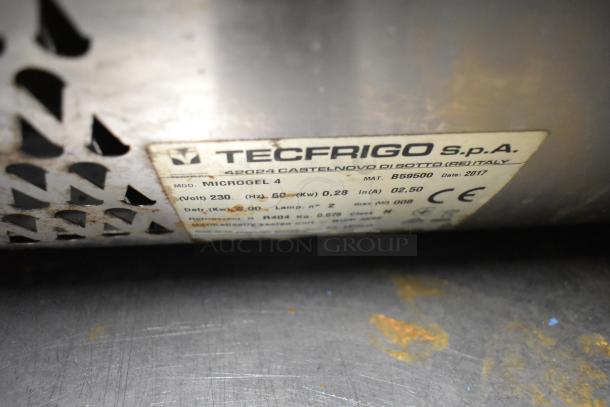2017 Techfrico Microgel 4 refrigerated display case label, showing model, voltage, and manufacturing details.