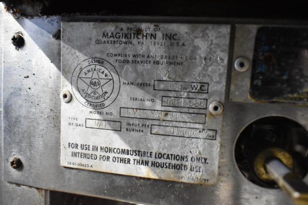 MagiKitch'n charbroiler grill label showing model FM RMB 36, 150,000 BTU/hr for commercial use, natural gas.