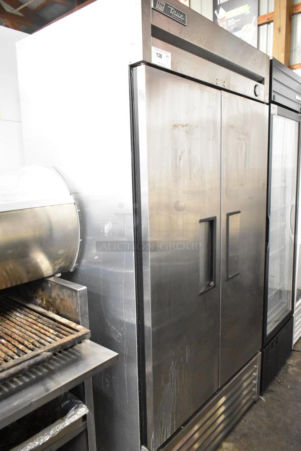 2017 True T-35 stainless steel commercial 2-door cooler, 115 volts, 1 phase, visible wear, True brand label.