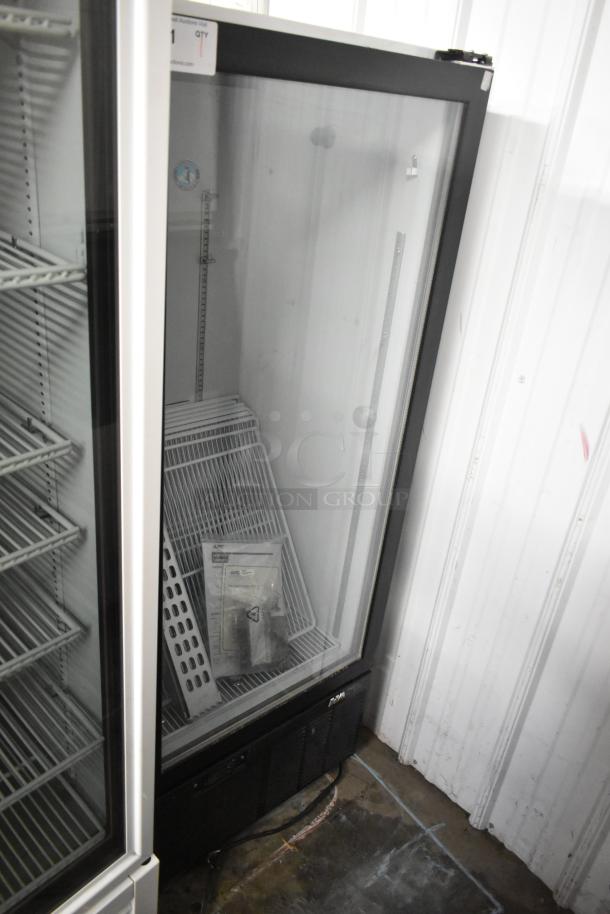 Habco SE12 metal commercial single door reach-in cooler merchandiser with poly-coated racks, 115 volts, 1 phase.