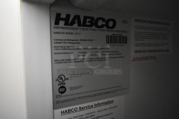 Habco SE12 commercial cooler label, detailing model, electrical specs (115 volts, 1 phase), safety instructions, and certifications.