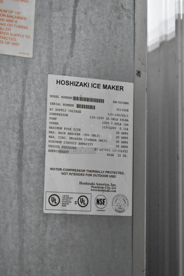 Hoshizaki KM-501MWH stainless steel commercial ice machine head. Model label shows 115 volts, 1 phase.