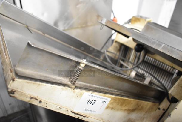 Mimax Metal Commercial Floor Bread Loaf Slicer, 115V, 1 Phase, visible wear. Auction tag shows item 143.