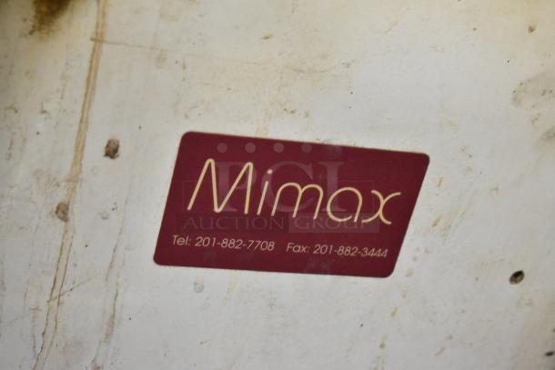 Mimax Metal Commercial Floor Style Bread Loaf Slicer, 115V, 1 Phase. Visible label with company contact details.