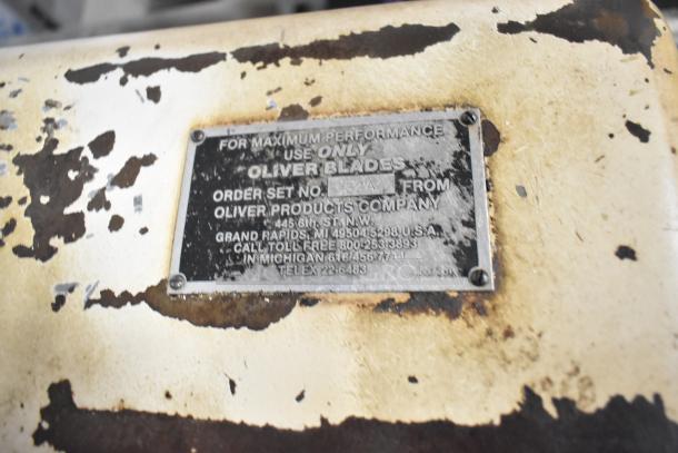 Mimax Metal Commercial Floor Bread Loaf Slicer, 115 Volts, 1 Phase, worn condition, Oliver blade label visible.