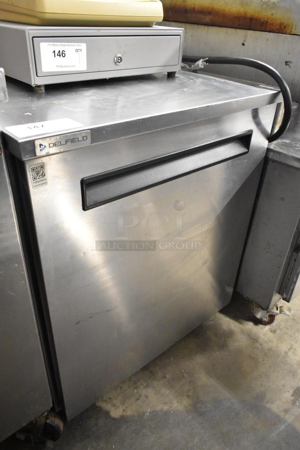 2019 Delfield 406P-STAR2 stainless steel undercounter cooler, single door, on casters, 115V, 1 phase, tags shown.