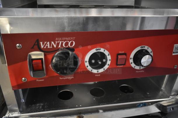 Brand new Avantco metal commercial heated holding cabinet, 120V, 1 phase, with control panel shown; minor scratches visible.