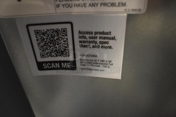 Avantco 194UCF280A stainless steel undercounter ice machine, brand new, 299 lb capacity, 115 volts, scan for details.