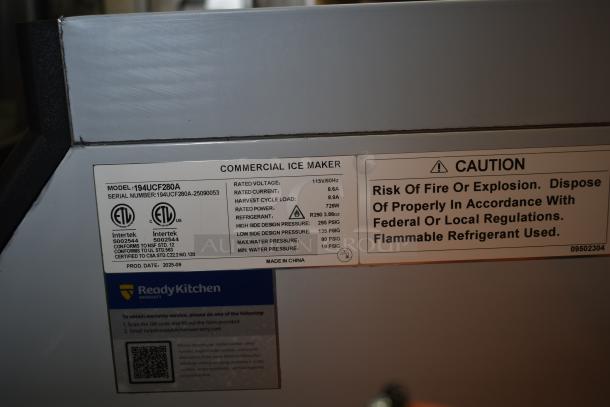 BRAND NEW 2025 Avantco 194UCF280A Stainless Steel Ice Machine, 299 lb, 115V, 1 Phase. Scratch and dent. Labels state ETL certification and caution for flammable refrigerant.