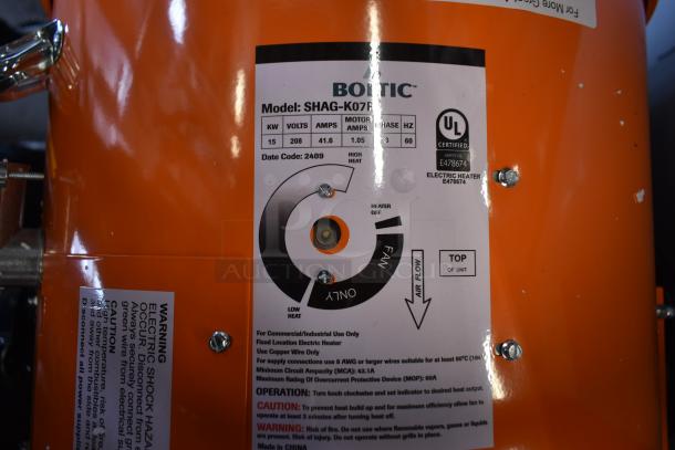 BRAND NEW Boltic SHAG-K07P salamander heater, 208V, 3 phase; labels show UL certification, model details, electric specs.