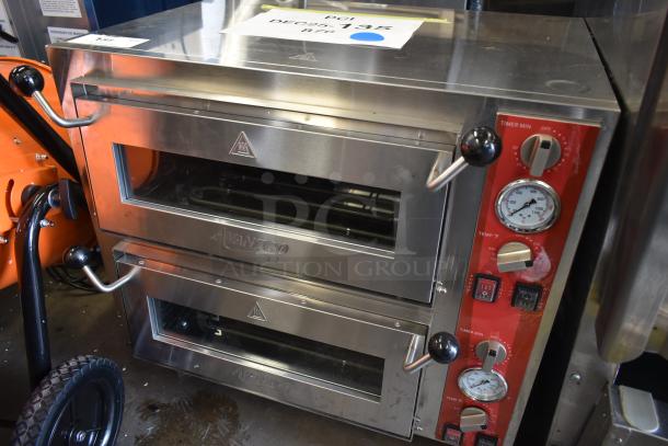 Brand new Avantco 177DPO18DD stainless steel double deck pizza/bakery oven with two independent chambers, 240V, 1 Phase.