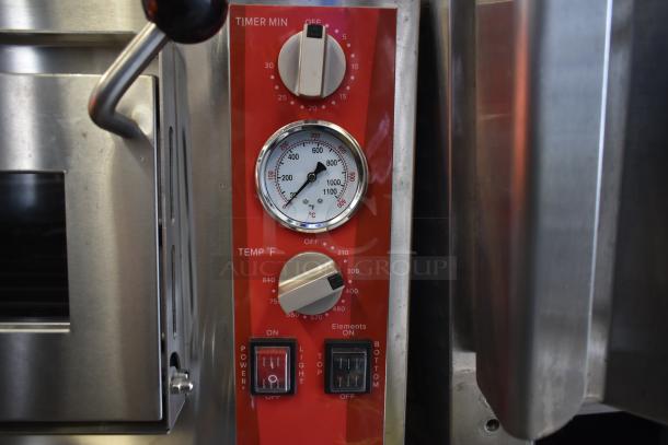 BRAND NEW Avantco 177DPO18DD stainless steel double deck oven with independent controls, timer, and temperature settings.