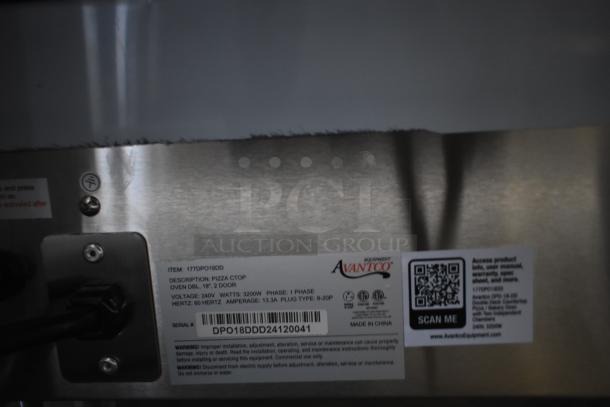 Brand new Avantco 177DPO18DD stainless steel double-deck countertop pizza oven with two chambers, 240V, 1 phase. Tags show model and specs.