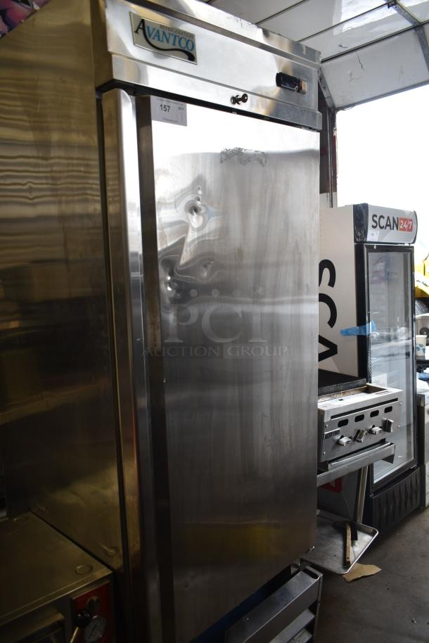 Avantco 178CFD1RR stainless steel single door reach-in cooler, visible dents, comes with poly-coated racks, 115V, 1 phase.