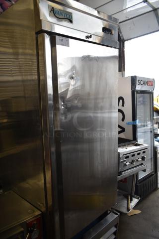 Avantco 178CFD1RR stainless steel single door reach-in cooler, visible dents, comes with poly-coated racks, 115V, 1 phase.