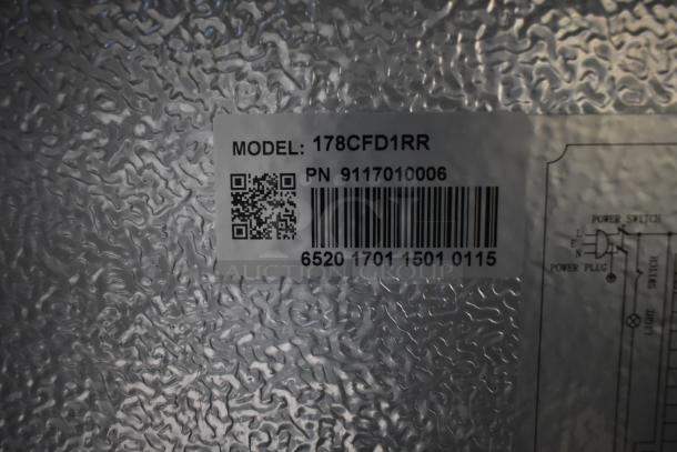 Avantco 178CFD1RR stainless steel reach-in cooler label showing model, barcode, and QR code.